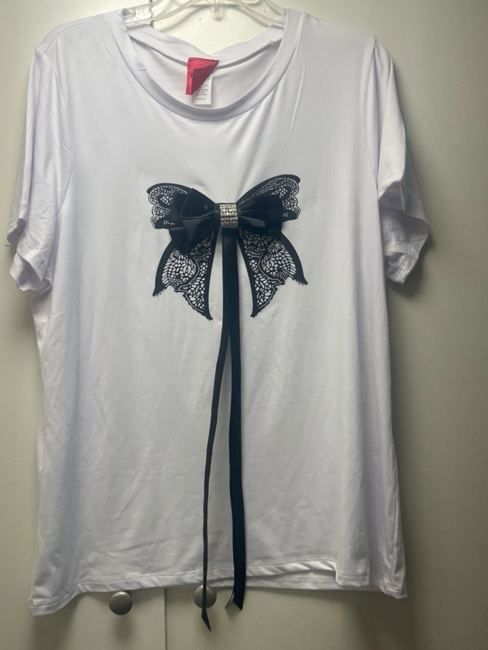 Women’s White Short Sleeve Tee with Black Lace Bow Accent